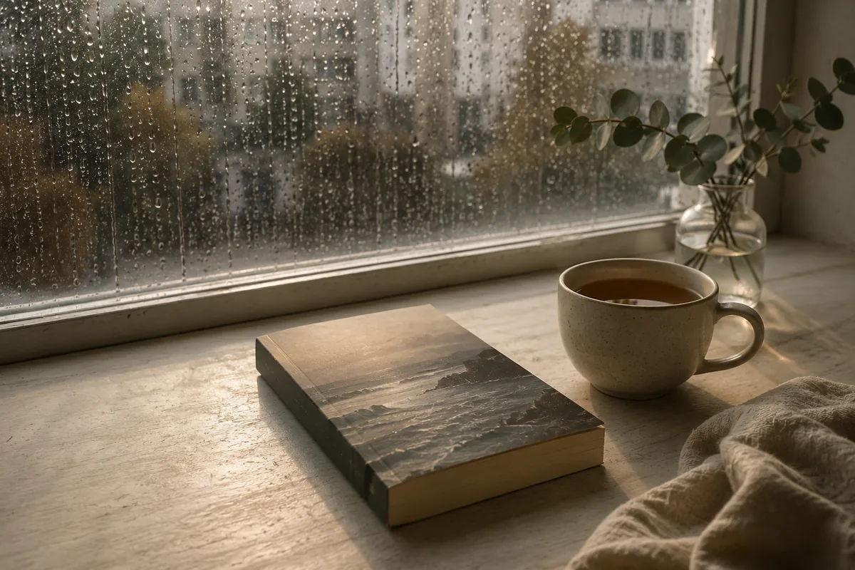 A paperback and a cup of tea by a rain-streaked window
