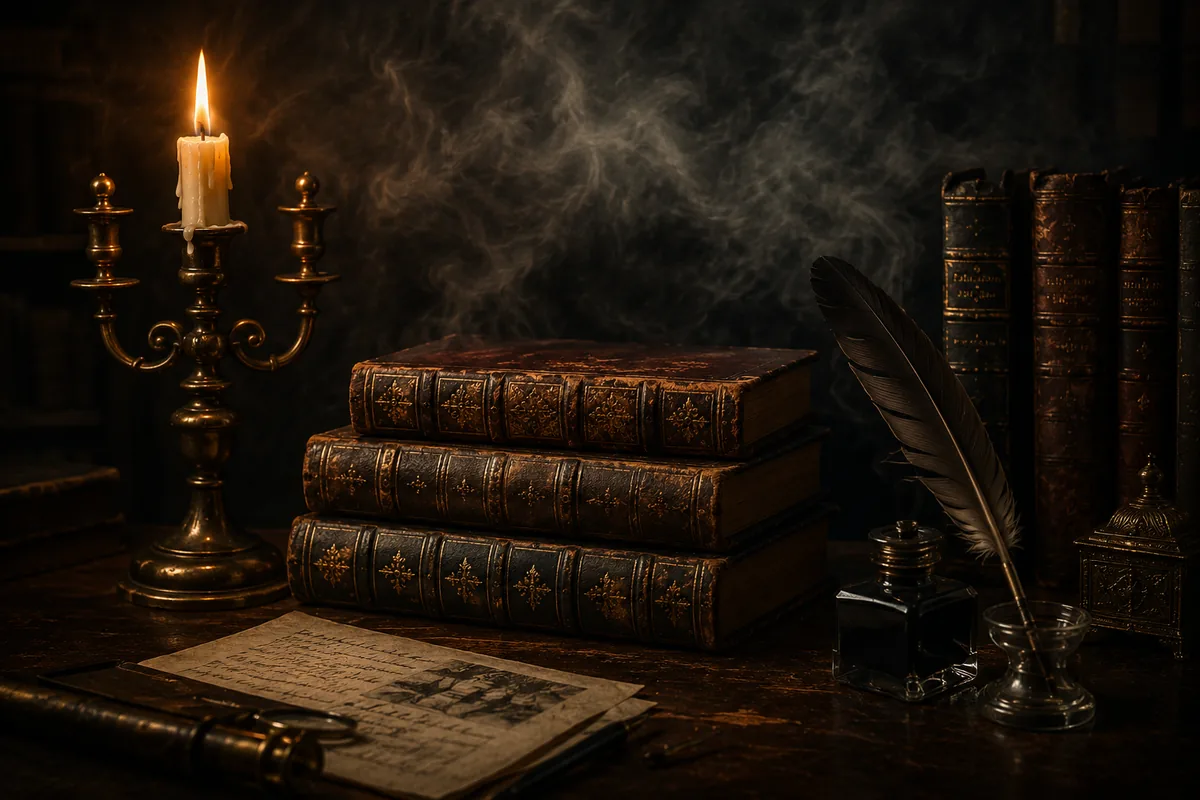 Candlelit antique leather books with a quill and inkwell