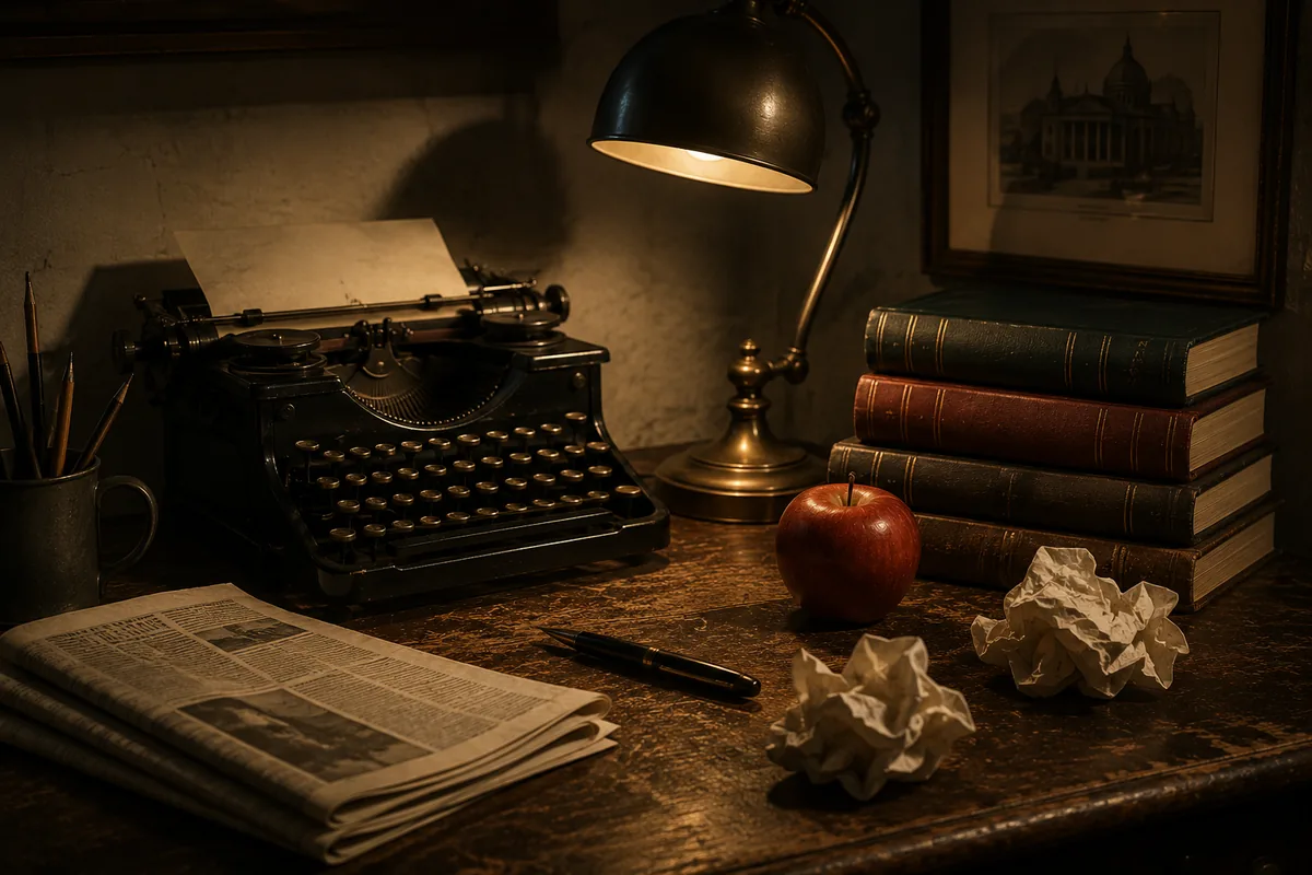 A vintage typewriter and newspaper on a writer's desk