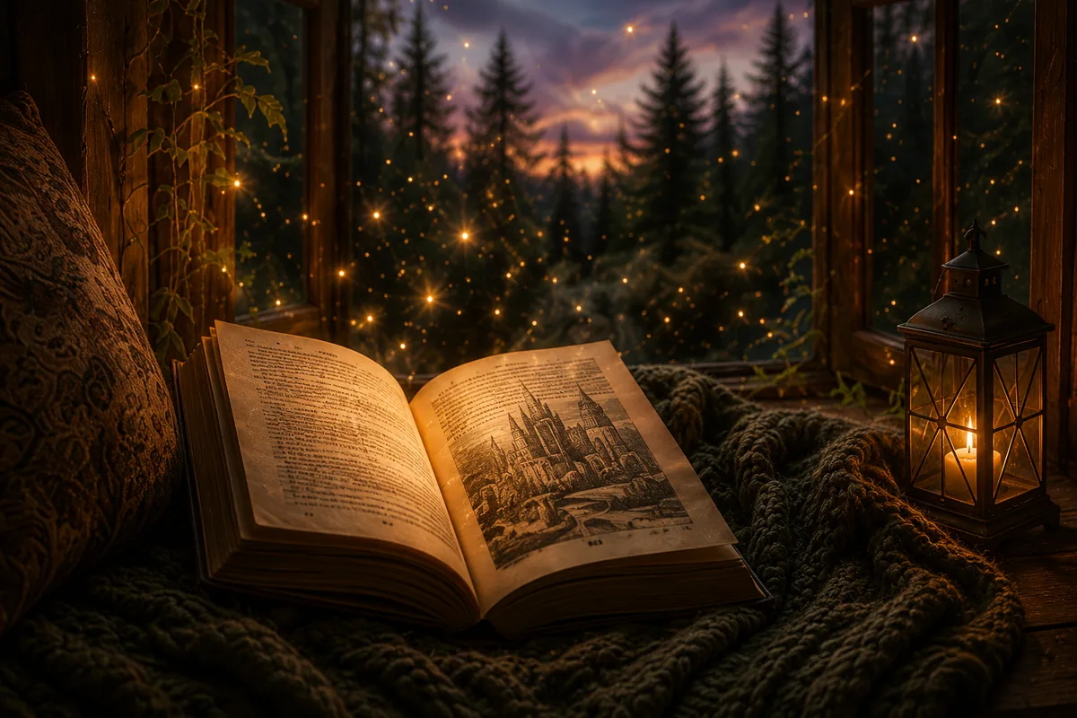 An open storybook glowing softly by a window at dusk