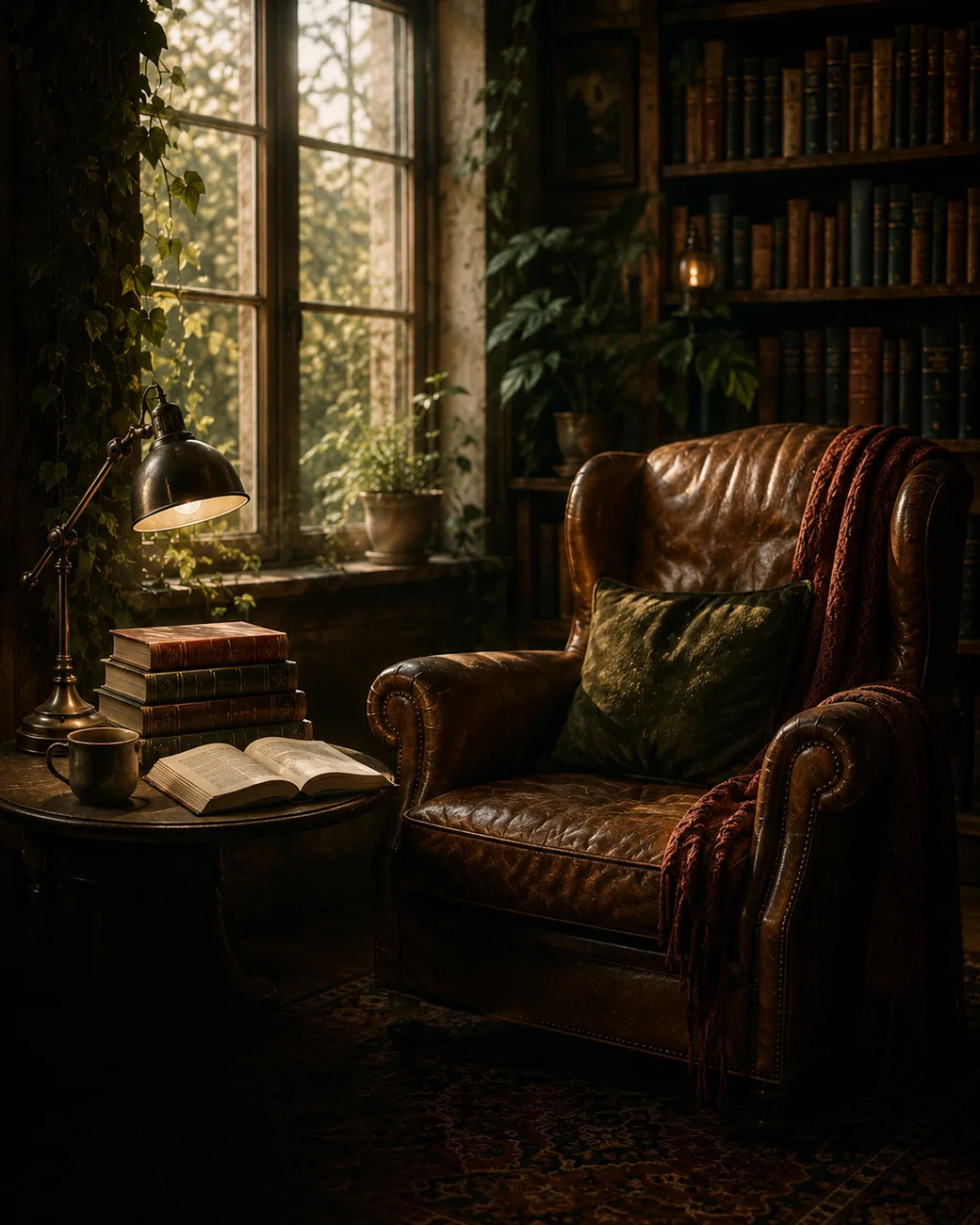 A cosy reading nook with a leather armchair and shelves of books
