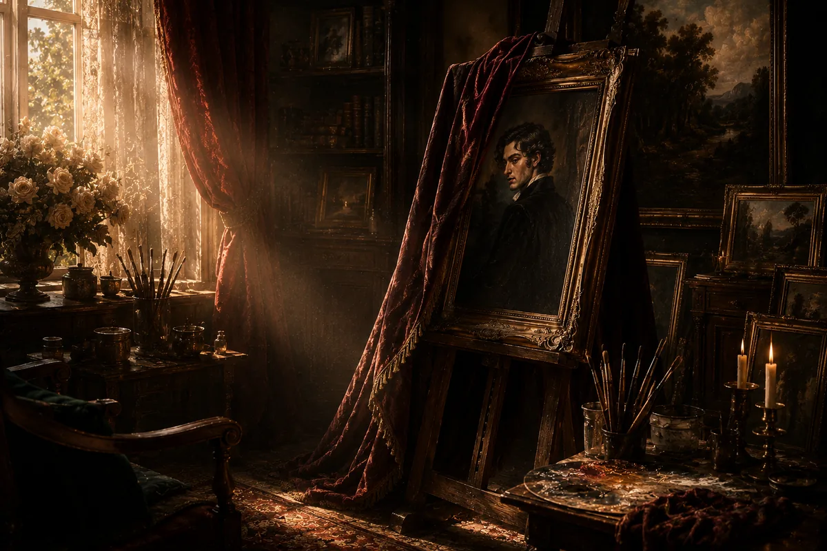 An opulent Victorian artist's studio with a portrait on the easel