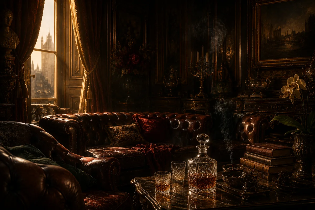 A lavish 19th-century drawing room at golden hour