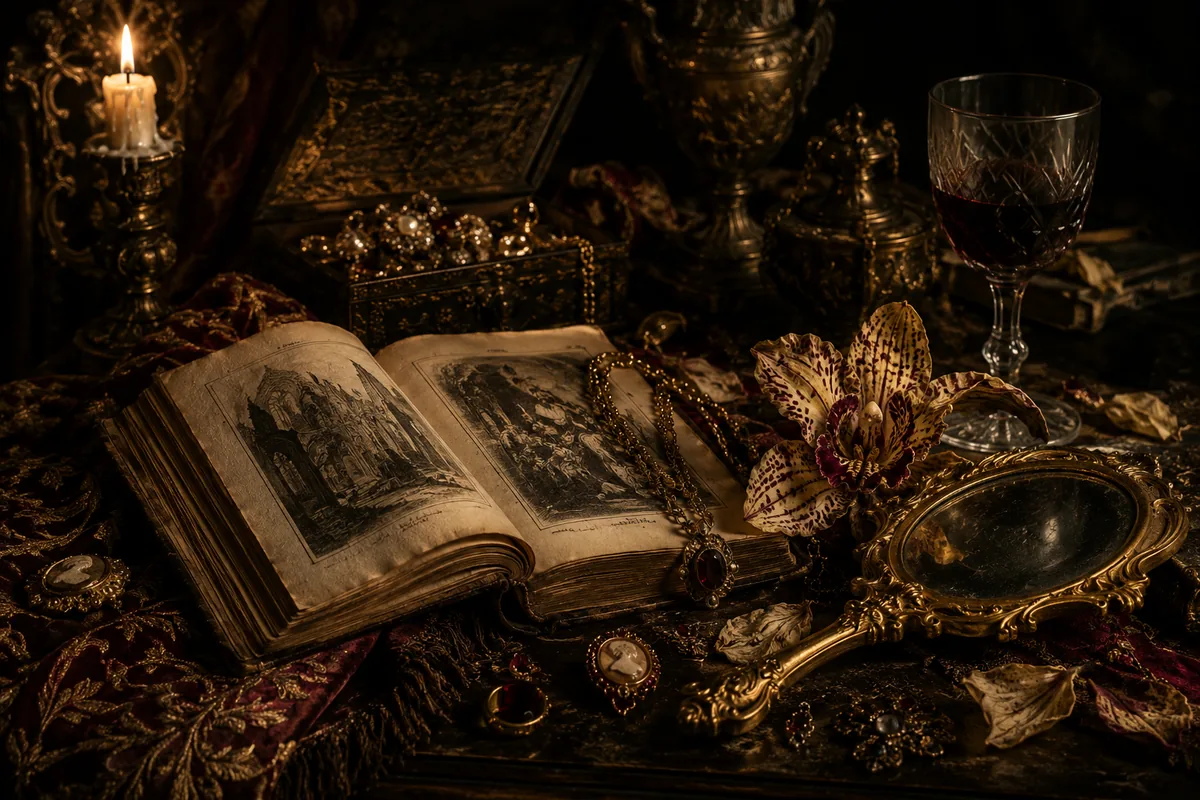 A decadent collector's table by candlelight — an open book, jewels and a mirror
