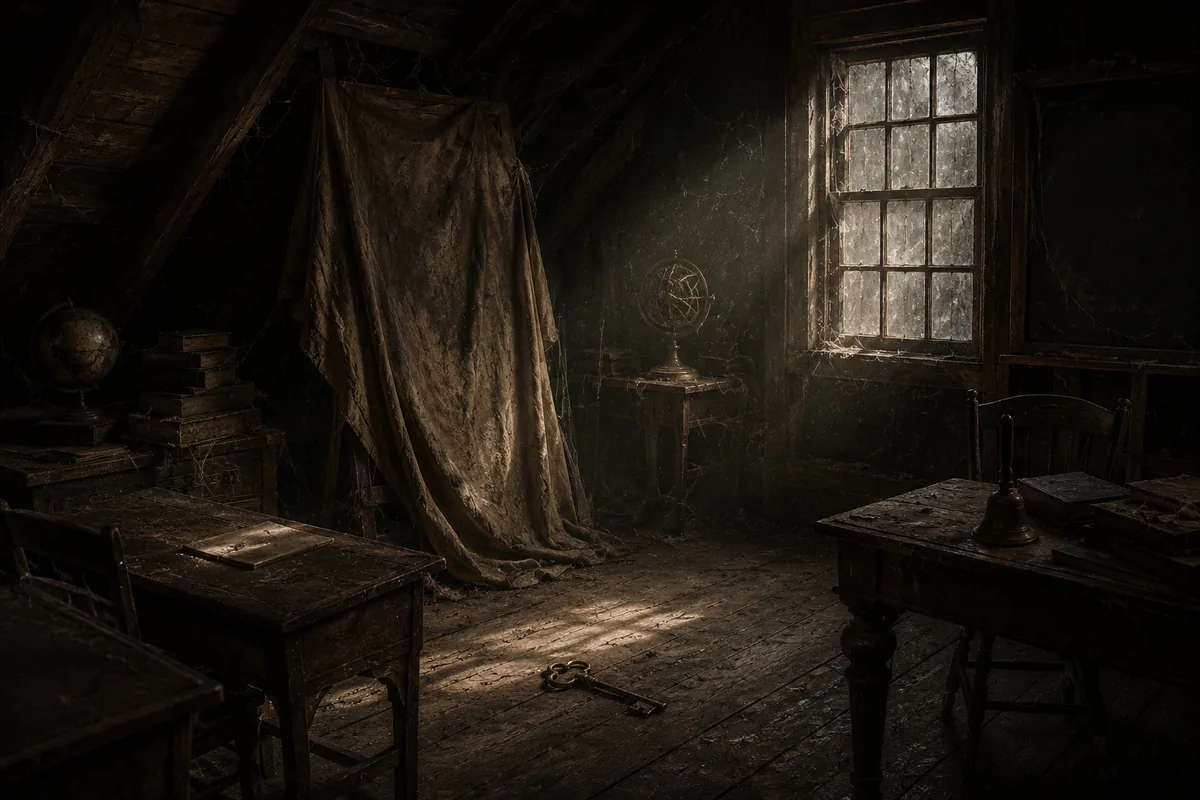 A locked attic room with a shrouded portrait and a brass key on the floor