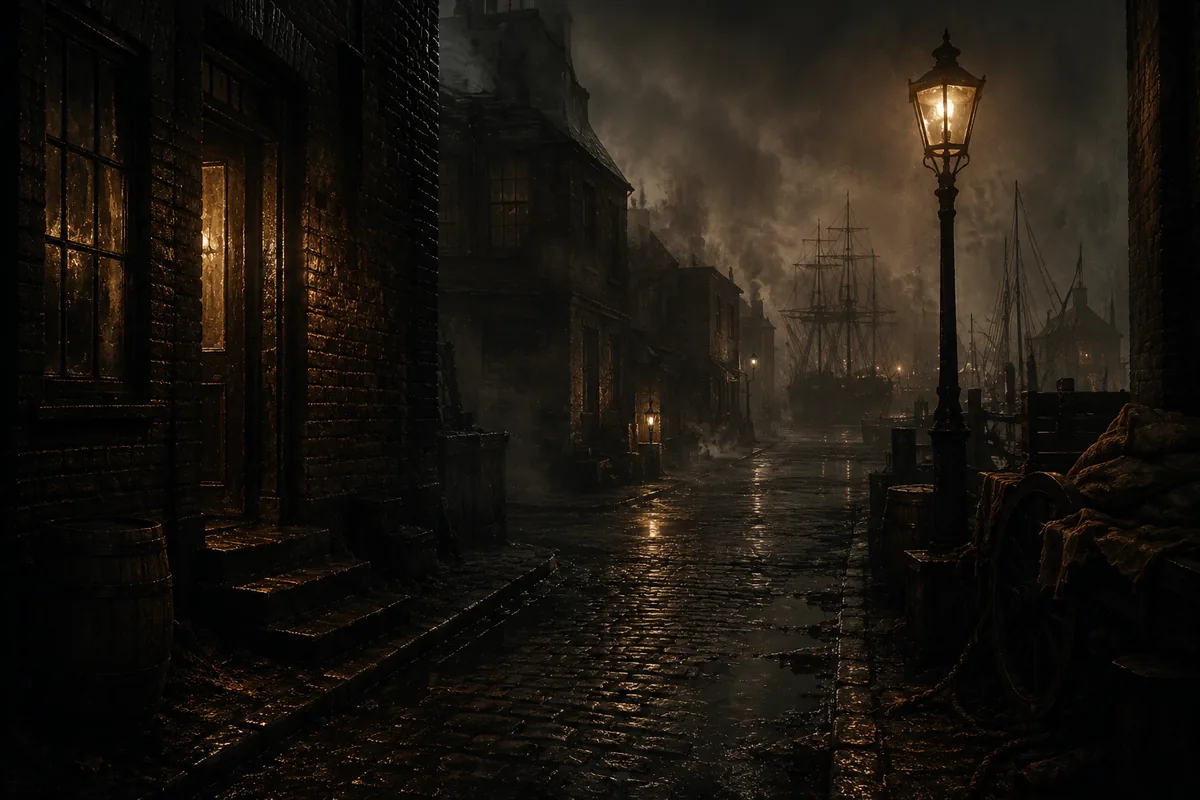 A foggy gas-lit London alley at night