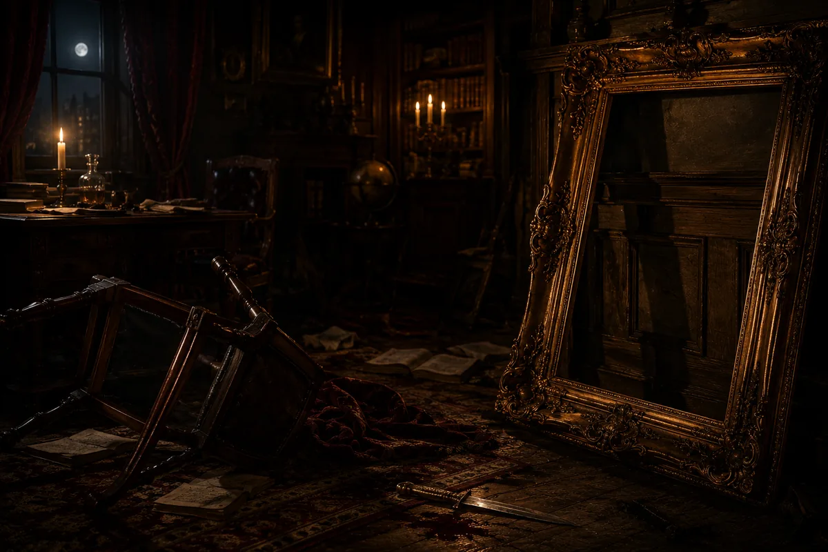 A candlelit study after a struggle, with an ornate empty picture frame